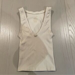 Cream Ribbed Knit V-Neck Tank Top